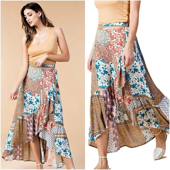 05 Boho Floral Print ruffle Skirt - Picture 2 of 2